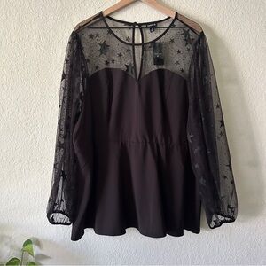 NWT Torrid Black Mesh Star Sheer Sleeve Peplum Top— Size 4